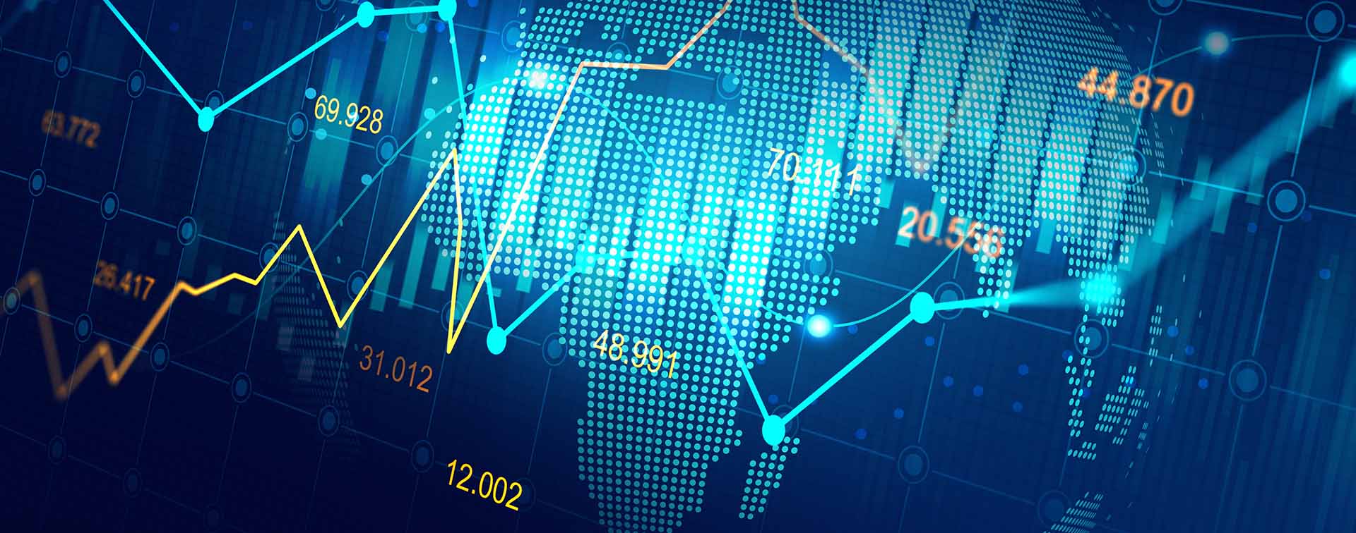 Abstract image of the world map with a line graph overlaid