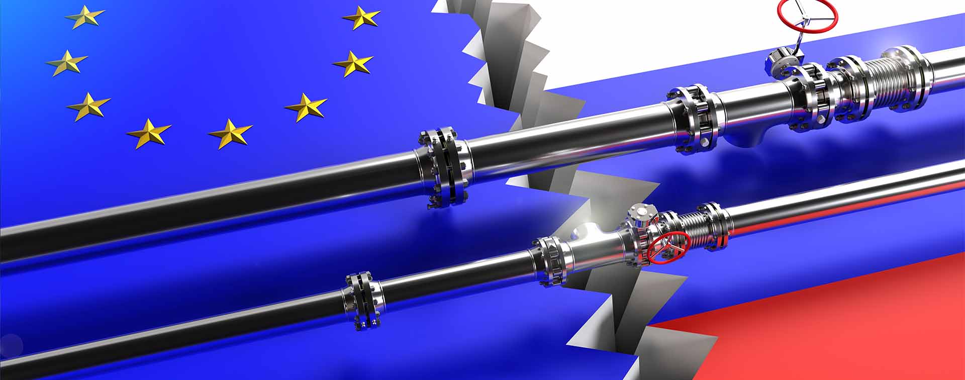 Digital composite image of a crack separating the UN flag with the Russian flag and two oil pipelines running across the crack.