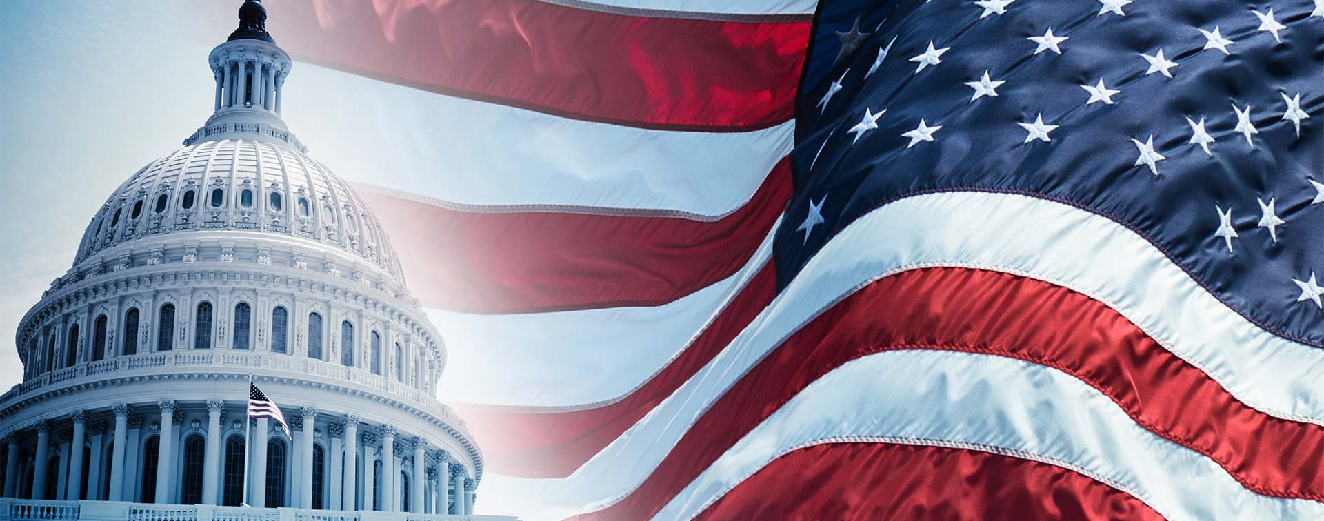 Composite image of building in Washington and American flag