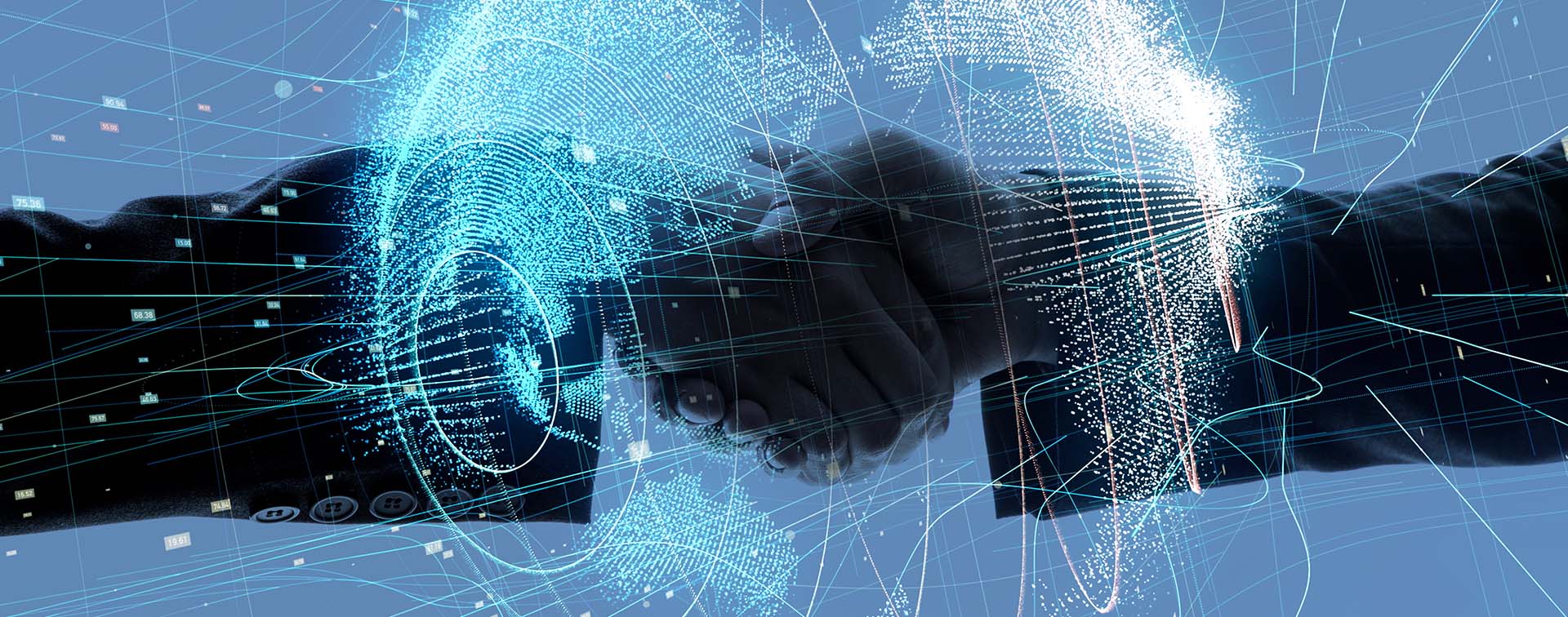 Digital composite of a futuristic rendering of the globe and two people shaking hands