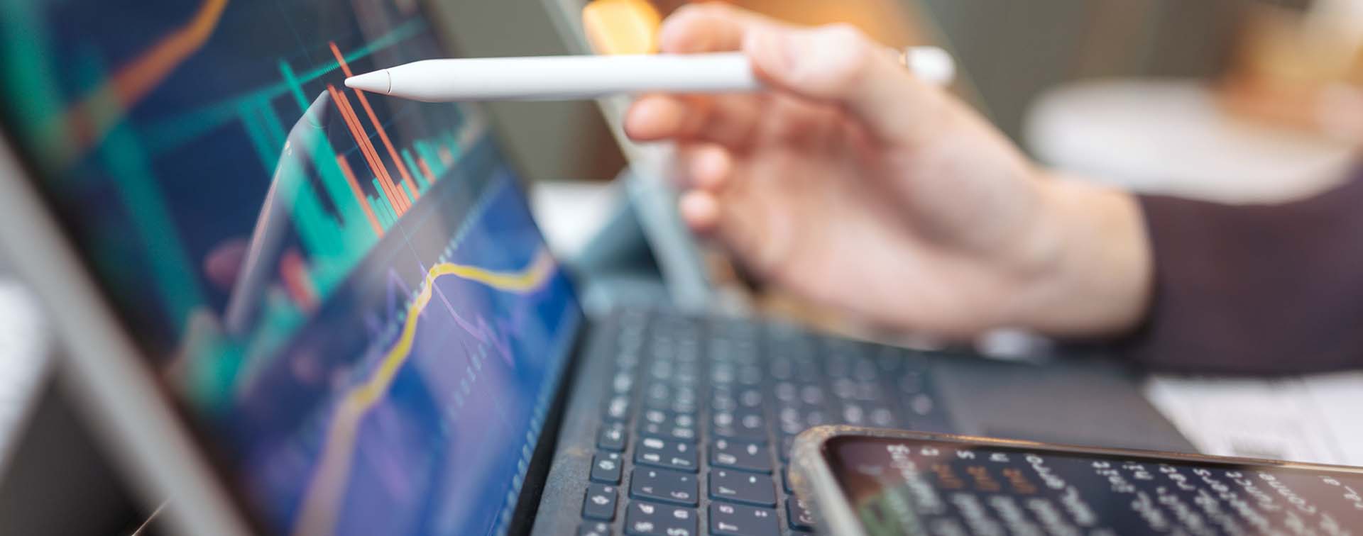 Person pointing with a stylus to charts on a laptop screen