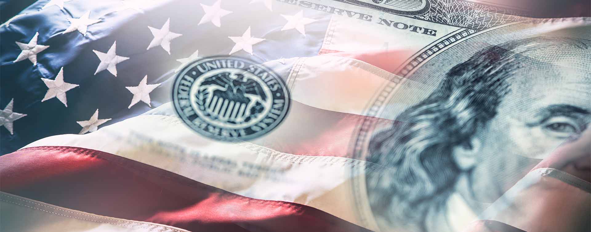 USA flag and American dollars. American flag blowing in the wind and 100 dollars banknotes in the background