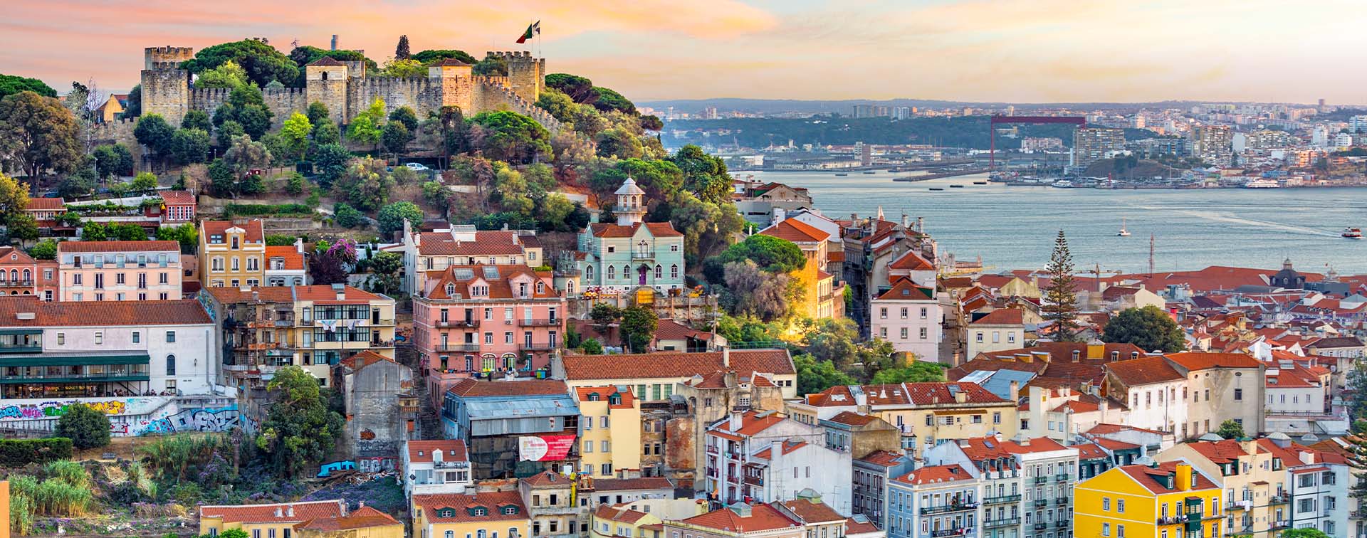 Lisbon, Portugal skyline at Sao Jorge Castle at sunset