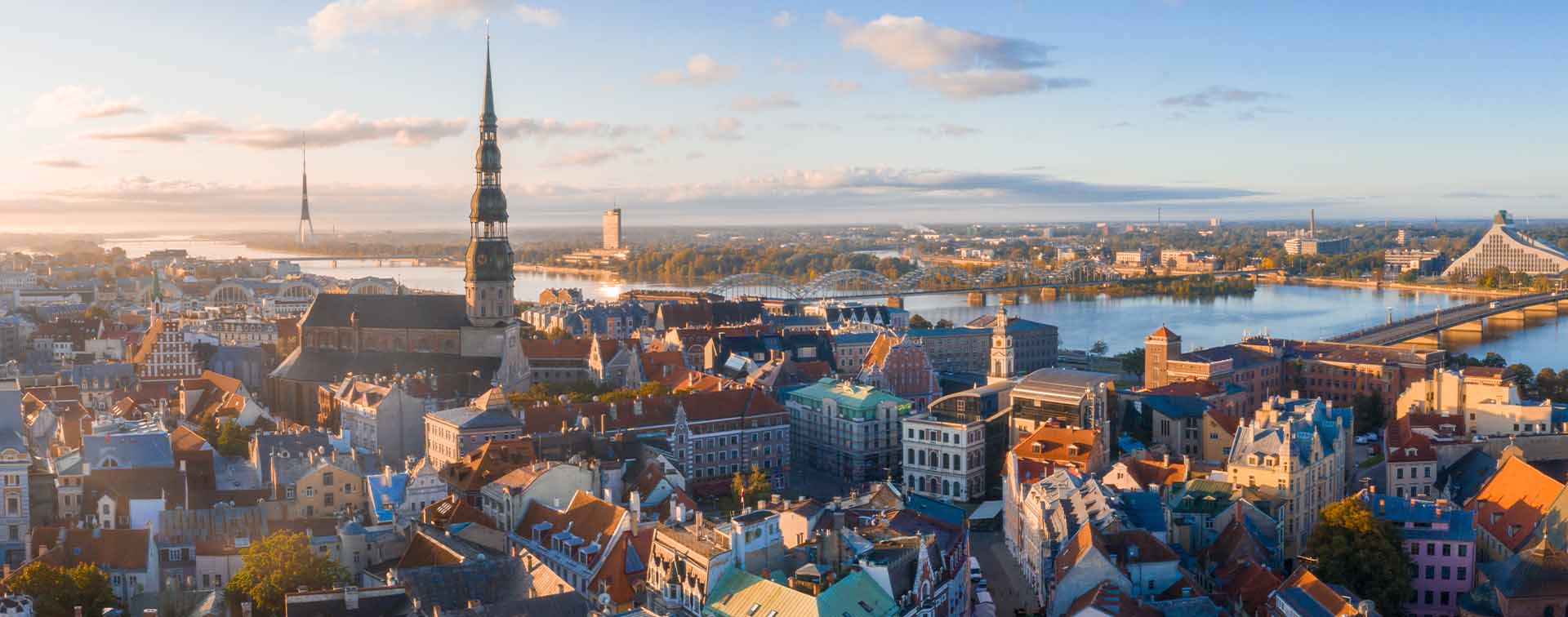 Aerial shot of the old town of Riga in Lativa during a beautiful sunset