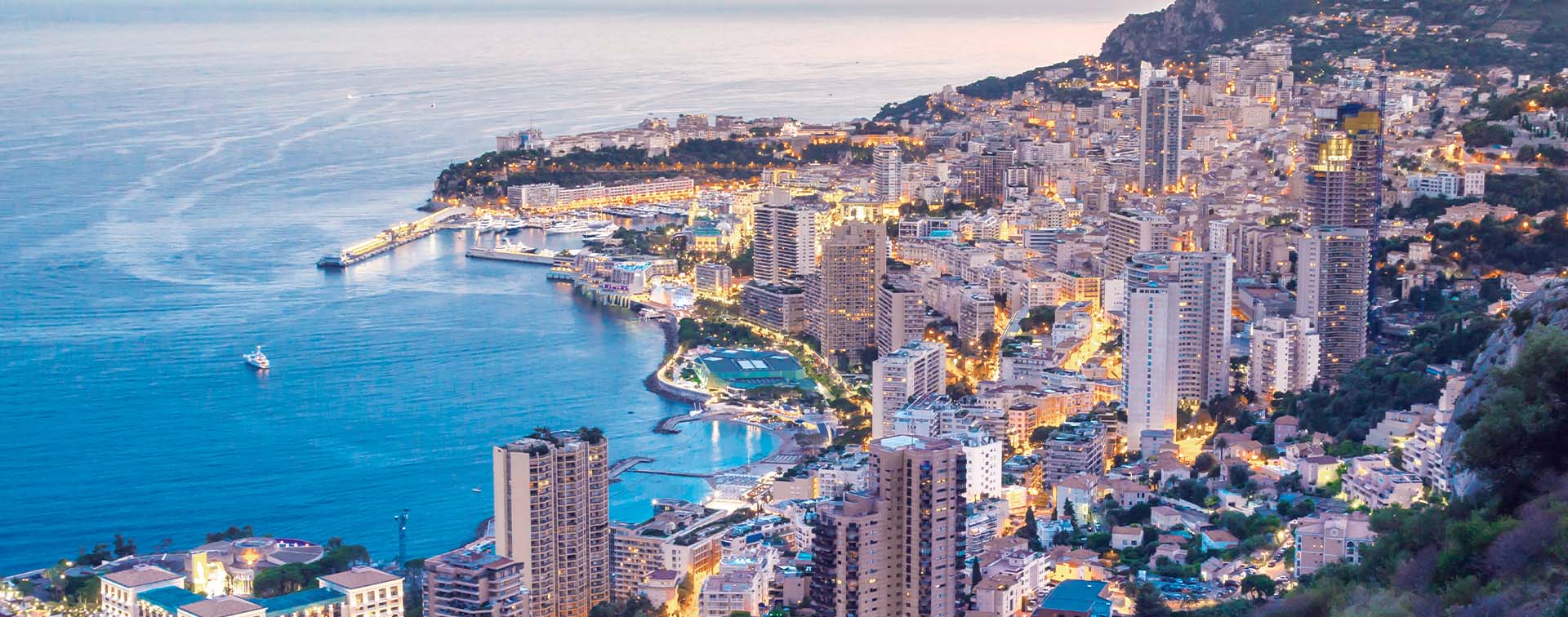 Monaco city skyline in the sunset