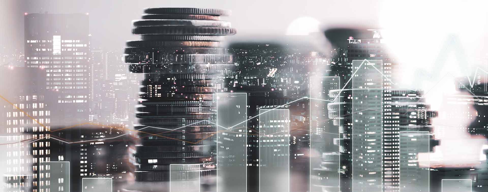 Double exposure of city view. Diagram graph and rows of money coins for finance, money, investment and business concept background