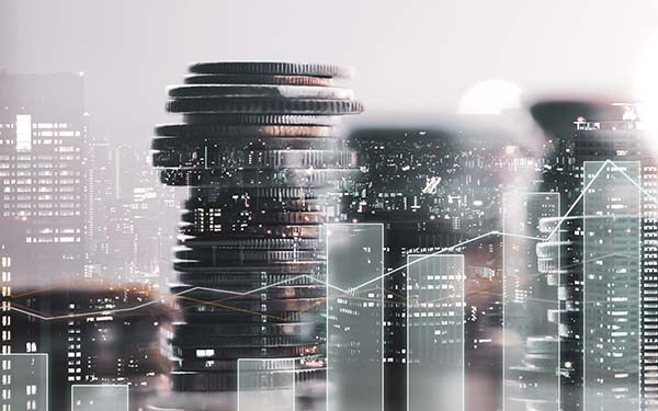Double exposure of city view. Diagram graph and rows of money coins for finance, money, investment and business concept background