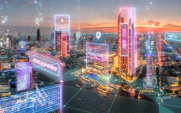 Hologram billboard with neon light over Bangkok City Thailand