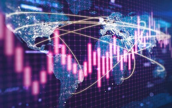 Digital composite image of a world map with connecting lines between continents