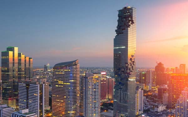 City skyline at sunset.