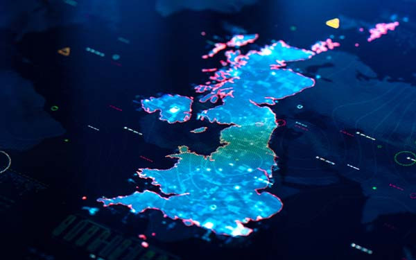 Digital map highlighting the United Kingdom with glowing effects