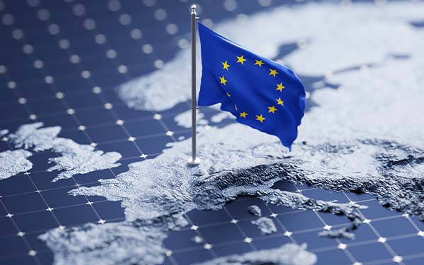 Flag of European Union waving on pole on the 3d topographic map surface and abstract background with a grid