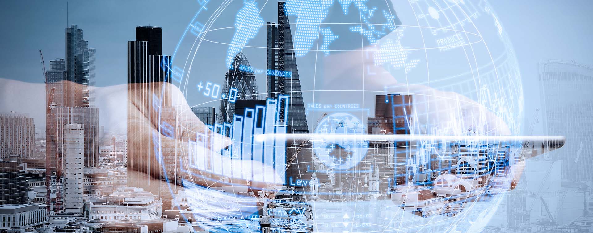 Double exposure of successful businessman using digital tablet with London building and social media diagram