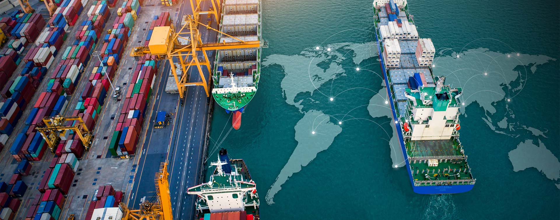 Aerial top view containers ship cargo business commercial trade logistic and transportation of international import export by container freight cargo ship with on world map