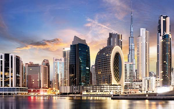 The downtown Dubai skyline in the evening
