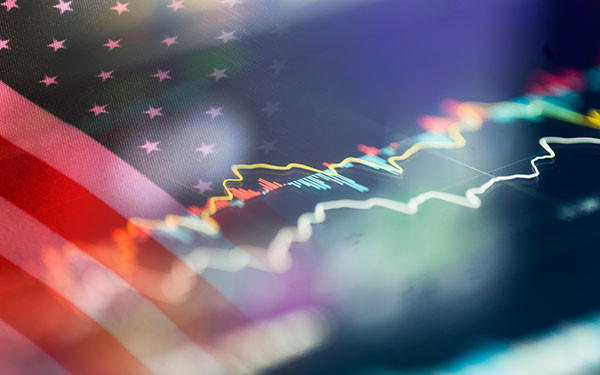 American flag with fluctuating graph