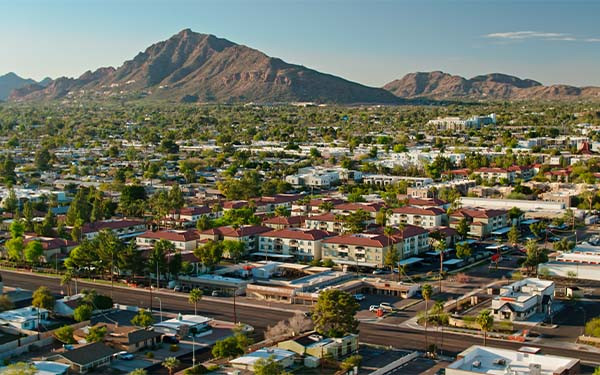 Aerial shot of residential streets in Scottsdale, Arizona on a clear, sunny spring afternoon.