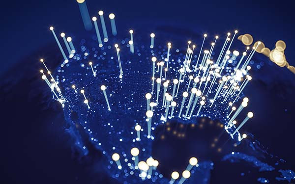 Abstract Earth view from space with fiber optic cables rising from major cities.