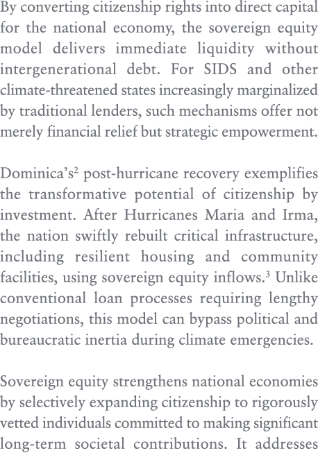 By converting citizenship rights into direct capital for the national economy, the sovereign equity model delivers im...